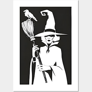 Witch and crow black & white Posters and Art